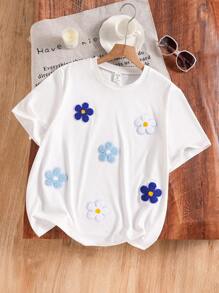Camiseta de manga corta blanca con estampado floral 3D colorido para niñas adolescentes, ideal para vacaciones, verano y viajes