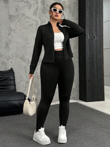 SHEIN EZwear 2pcs Plus Size Set: Long Sleeve Top And Leggings - Black - View 1