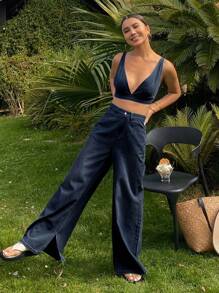 Livesso Distressed Washed Short Camisole Top And Wide Leg Jeans Set, Casual Resort Wear For Women, Spring And Summer,Fall Clothes