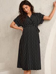 MaterniWear Maternity Polka Dot Print Short Sleeve Casual Shirt Dress Spring Women's Clothing