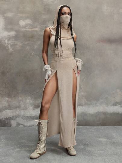 Grunge Punk Y2K Vintage Apocalyptic Style Hooded High Slit Dress