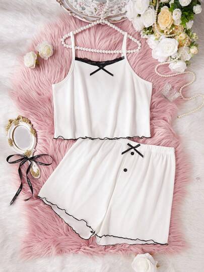 2 sztuki/zestaw dla nastolatki, biała, jednolita dzianina, księżniczka, ładny i elegancki top z ramiączkami i spodenki, zestaw bielizny, lato, czarno-biały, blok kolorów