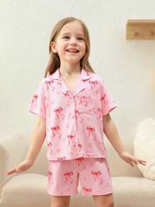 Set de 2 piezas de pijama informal para niña joven con cardigan de manga corta con decoración de lazo rosa y shorts