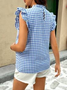 SHEIN Zwangerschapsblouse met blauwe ruit en ruches en bloemenborduurwerk