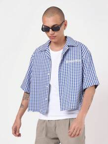 SUMWON Camicia casual a maniche corte con colletto, a quadri in stile gingham, con bottoni, taglio corto e rilassato, con stampa del logo, stile urban streetwear preppy - Blu - Visualizzare 2