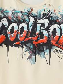 2pcs/Set Older Boys Casual Cool Graffiti Letter Print Comfortable Round Neck Short Sleeve T-Shirt And Shorts Set, Summer