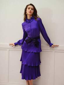 MOTF PREMIUM DRAPED RUFFLE TRIM LANTERN SLEEVE DRESS - Purple - View 3