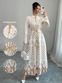 Elenzga 最新款 V 领长袖优雅印花连衣裙，带装饰流苏、收腰和 A 字下摆，适合春夏季 - 彩色 - 查看 1