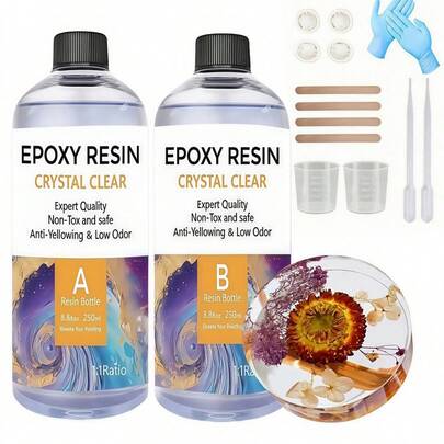 500ml Crystal Epoxy Resin Kit - Table Top Epoxy Resin Kit - Epoxy Resin For Resin Molds, Table Top, Art Resin, Craft, Jewelry Casting, DIY, Tumblers & Wood Craft Decoration, Simple Mixing 1:1 Ratio