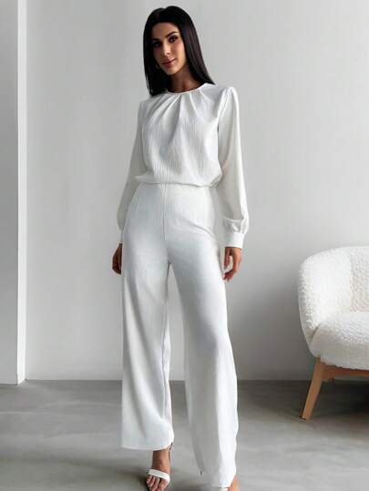SHEIN Privé 2 件套女士时尚白色圆领褶皱长袖衬衫和裤子套装