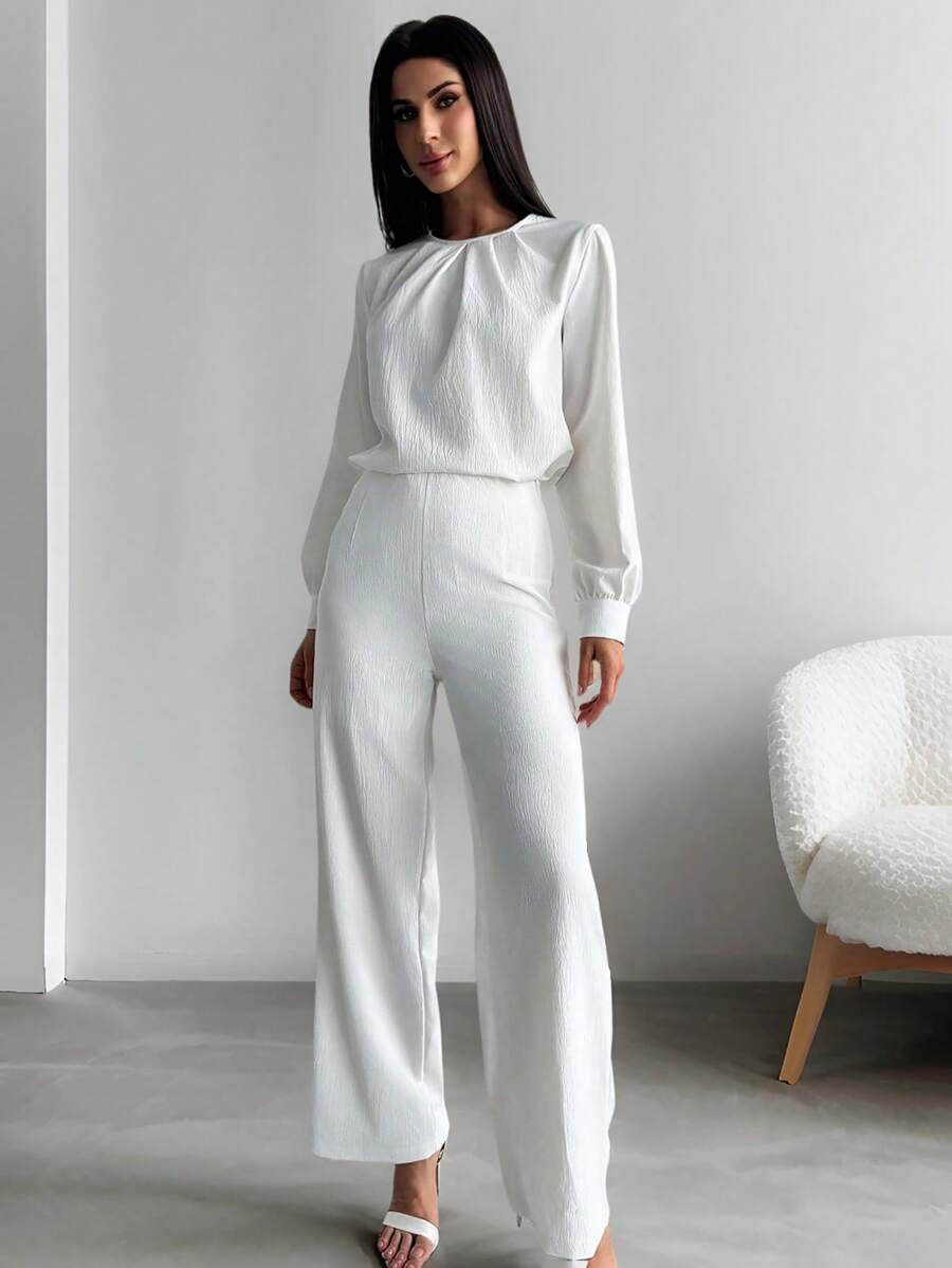 SHEIN Privé 2 件套女士时尚白色圆领褶皱长袖衬衫和裤子套装 - 白色 - 查看 1