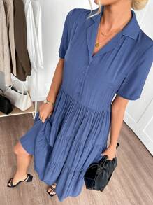 EMERY ROSE Summer Outfits For Women Elegant Solid Color Collared Short Sleeve Tiered Ruffle Dress For Women - Royal Blue - View 3