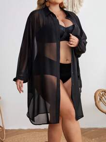 SHEIN CURVE+ Kimono de mujer de talla grande con botones en la parte delantera, malla transparente, tela fresca y resistente a las arrugas, para otoño/invierno - Negro - Ver 5