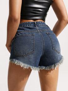 SHEIN EZwear 女士口袋做旧磨边休闲百搭牛仔短裤