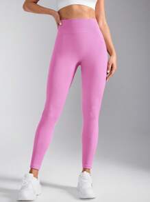 Easithlete 简约纯色高腰无缝紧身裤女士瑜伽裤 - 粉色 - 查看 5