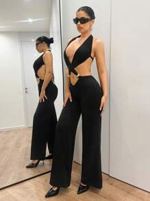 SHEIN ICON 性感深 V 领交叉金属装饰长款连体裤 - 黑色 - 查看 4
