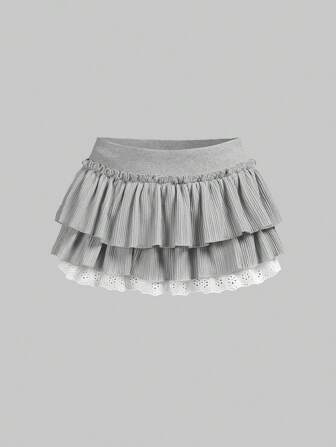 Falda de mujer de cintura ultra baja con volantes y unicolor, versátil