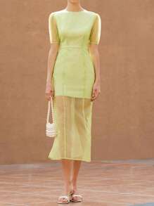 GENKIRA Women Lime Green Summer Elegant Party Dress,Round Neck Puff Sleeve Cinched Waist Slim Fit Layered Fish Tail Hem Sheer Organza Midi Dress - Green - View 4