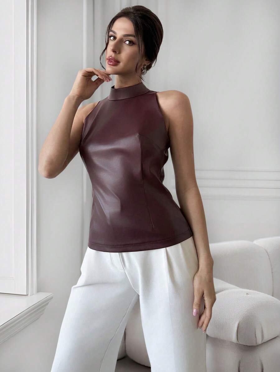 Firerie Women's Simple Urban Chic Everyday Work And Party Anker Red Leather Halter Neck Tank Top, Spring/Summer - Burgundy - View 1