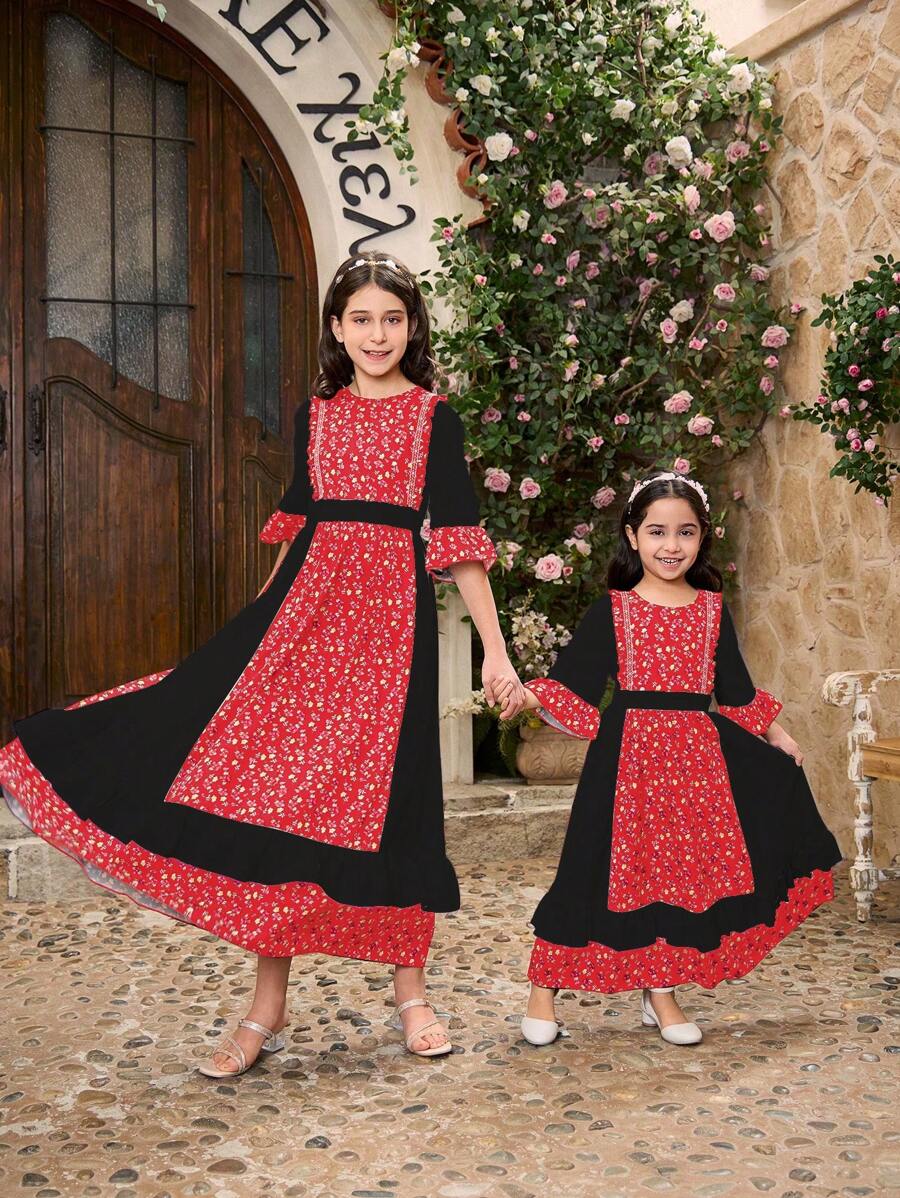 Young Girl Colorblock Patchwork Ditsy Floral Dress - Red - View 1