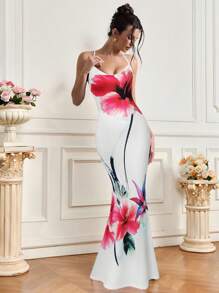INAWLY Floral Print Slim Fit Long Dress With Spaghetti Straps, Vacation Style - White - View 1