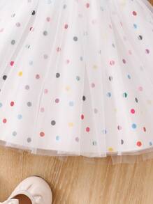 Baby Girl Casual Colorful Polka Dot White Ruffle Hem Short Sleeve Mesh Dress, Suitable For Daily Casual Wear, Outdoor Activities And Small Gatherings, Spring/Summer - White - View 6
