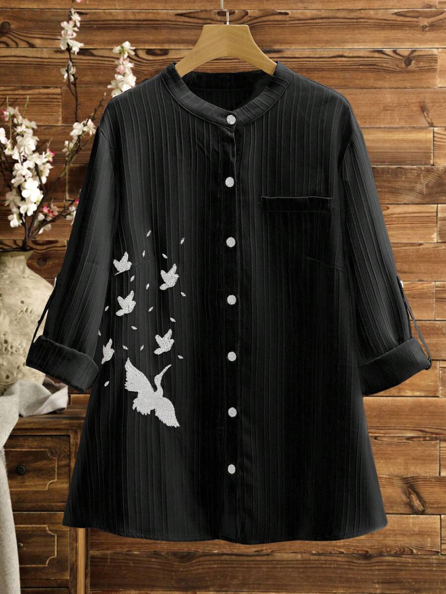 SHEIN Lacomfia Plus Size Women Loose Casual Commuting Round Neck Long Sleeve Embroidered Shirt - Black - View 1