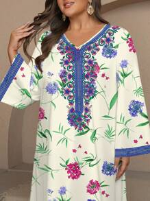 Al Najma Plus Size Women Elegant Placement Print Long Sleeve V Neck Dress,Modest - Apricot - View 4