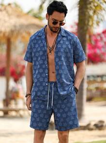 Manfinity RSRT Textured Denim Effect Shirt And Shorts Suit, Minimalist Fashion Suitable For Summer Beach Vacation Outfits Men - Blue - View 4