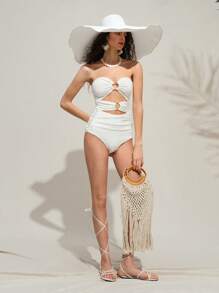 SHEIN LUNE Bodysuit Polos Berlubang dengan Bahu Terbuka, Modis dan Sederhana, Cocok untuk Musim Panas - Putih - View 4