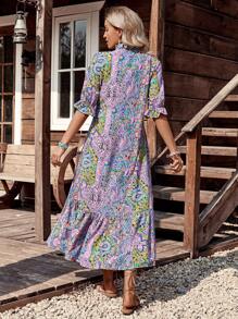 LanaWest 女式波西米亚风印花中袖连衣裙，女式波西米亚风流苏，荷叶边下摆半袖系带领宽松长款多色荷叶边袖全身印花，佩斯利罩衫女式长裙，春季/秋季，休闲日常穿着长款女装