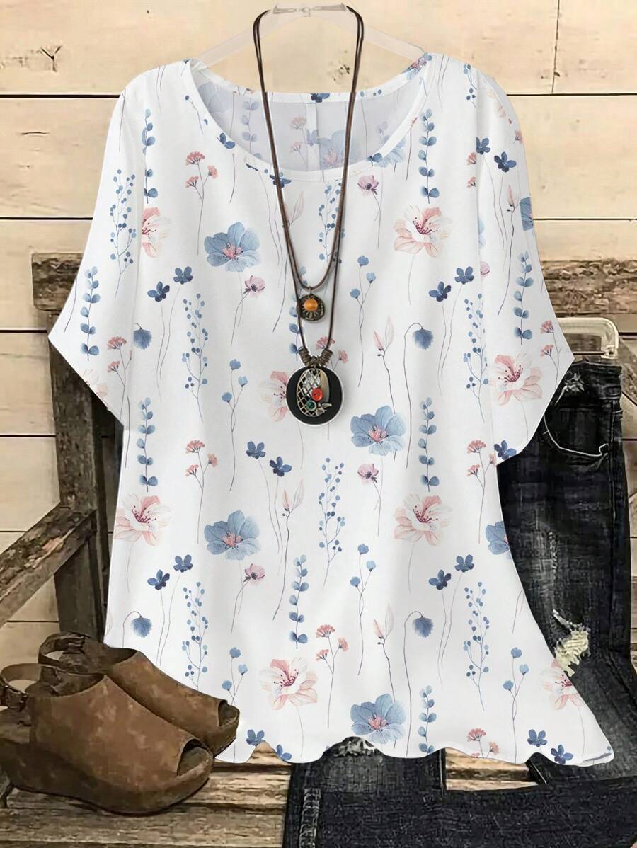 EMERY ROSE Floral Print Casual Loose Fit Round Neck Short Sleeve Shirt, Plus Size, Suitable For Summer Chic Blouses For Women,Flower/Vacation/Spring - Blue and White - View 1