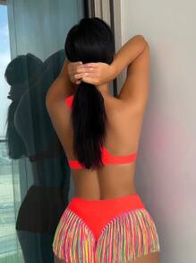 SHEIN Swim Women's Summer Beach Solid Color Cutout Sexy Bikini Swimwear Set - Orange - View 2