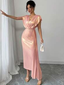 Elenzga Women's Long Folded Ruffle Sleeve Metallic Dress - Pink - View 1