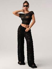SHEIN ICON Women's Straight Lace See Through Elastic Waist Loose Pants