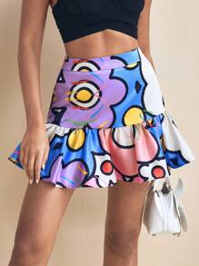 SHAQUITA GARCIA Designer Pastel Cartoon Floral Print Bubble Ruffle Hem Mini Skirt Women Spring Summer Cute Skirt Easter Vacation Beach Cruise Women Casual Summer Skirt