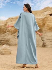 Al Najma 水晶装饰圆领长袖卡夫坦长裙，土耳其和阿拉伯优雅传统风格长裙，端庄 - 霧霾藍 - 查看 2