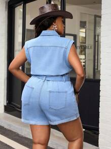 SHEIN CURVE+ 加大码女牛仔装，女式无弹性蓝色无袖宽松连体裤，女式牛仔竞技服装 - 淺色水洗藍 - 查看 2