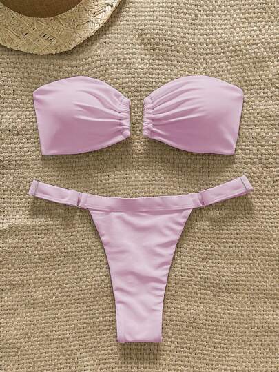 Swim Chiccia Conjunto de bikini de 2 piezas con top bandeaux de unicolor minimalista con decoración de metal y tanga, adecuado para vacaciones de primavera y verano