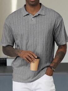 Manfinity Homme Men's Casual Vacation Style, Featuring An INS-Inspired Geometric Diamond-Textured Jacquard Knit Short-Sleeve Polo Shirt. Perfect For Music Festivals, Hawaii Beach Getaways - Grey - View 1