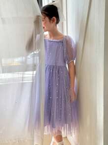 DAZY 青少年女孩闪亮网眼短袖立领连衣裙，春夏装（加大码），返校服装 - 淡紫色 - 查看 2