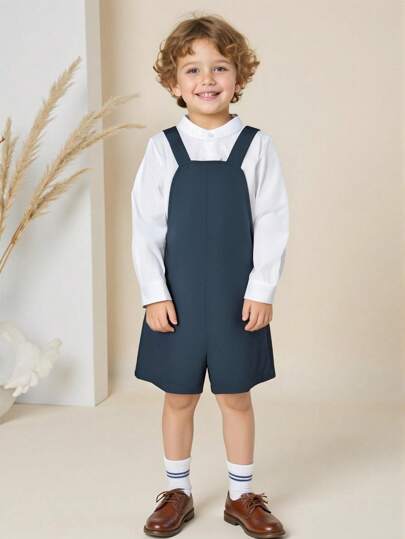 SHEIN Spring/Summer Boy's 2pcs Set English Style White Stand Collar Shirt + Adjustable Strap Navy Shorts, Gentleman School Uniform Design