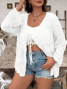 Breezaya Plus Size Women Solid Color Knit Hollow Tie Up Long Sleeve Long Cover Up, Sexy Vacation Summer Thin Cover Up Suitable For Beach, Swimsuit, Sun Protection