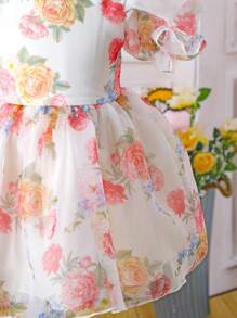 Baby Girl 0-3 Years Elegant Palace Style Floral Print Ruffle Sleeve Organza Dress, Suitable For Outings, Birthday, Wedding Flower Girl - Pink - View 6