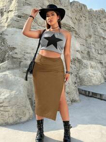 CovetEZ Plus Summer High Waist Ruched Split Thigh Skirt - Khaki - View 3