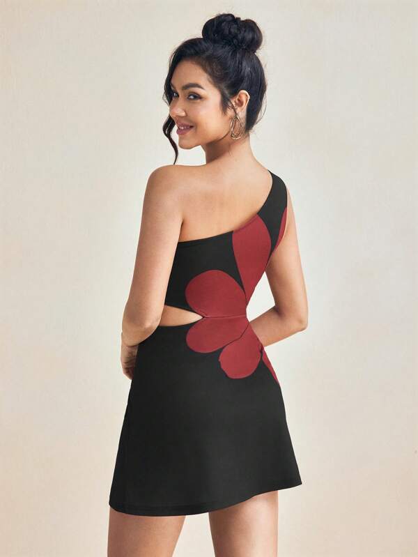 KHADIJA Designer Women's Summer Black Asymmetrical Neck Large Gerbera Leaf Print Hollow A-Line Sexy Mini Dress, Vacation Sundress, Prom Dress For Rave Es For Women Dresses For Women Bodycon Body Dress Bodycon Dress Bodycon Dresses For Women Birthday Outfit Women Dress Party Outfits For Women Fitted Dresses For Women