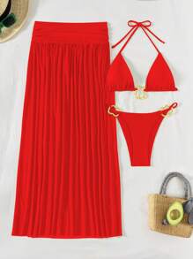 Swim SXY 3 件套金属面料纯色三角吊带性感优雅比基尼套装，配有不对称金属环和长网眼沙滩裙，适合度假