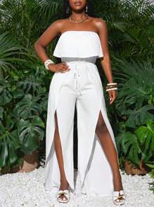 Slaydiva 新款春夏休闲假日白色露肩高开叉连体裤 - 白色 - 查看 5