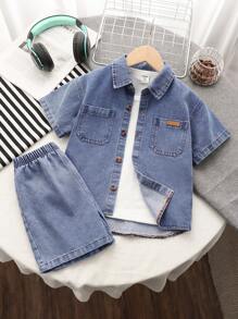 SHEIN Genkimix Kids 3 件套年轻男孩复古美式夏季服装：宽松设计牛仔衬衫 + 白色 T 恤 + 休闲牛仔短裤 - 藍色 - 查看 5