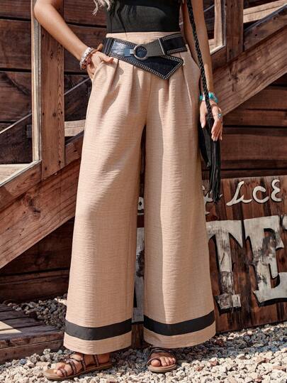 LanaWest Pantalones casuales de vacaciones de mujer con diseño de remiendo de color caqui y negro